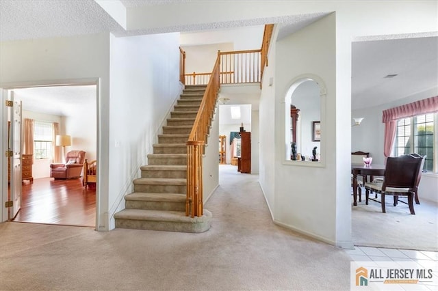 stairway featuring carpet flooring and plenty of natural light