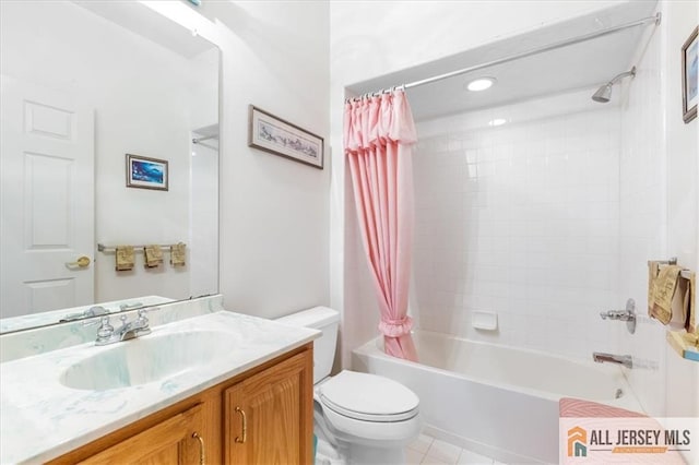full bath with recessed lighting, toilet, shower / bath combination with curtain, tile patterned flooring, and vanity