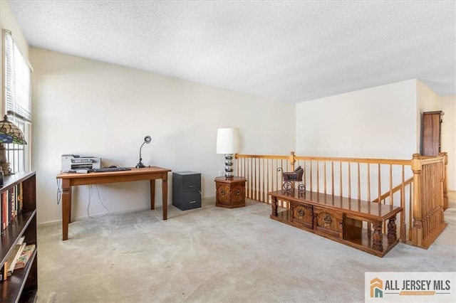 office with a textured ceiling and carpet