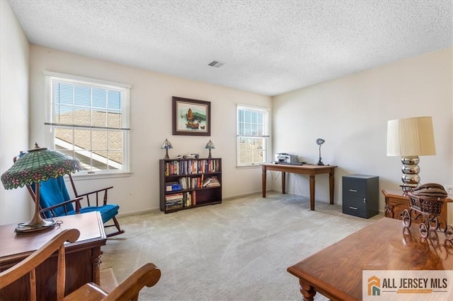 office area with a textured ceiling, light carpet, baseboards, and visible vents