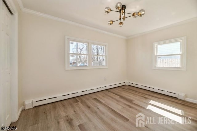 88 Roosevelt Ave, Old Bridge, NJ 08879 - unfurnished bedroom with crown molding, a chandelier, multiple windows, and wood finished floors