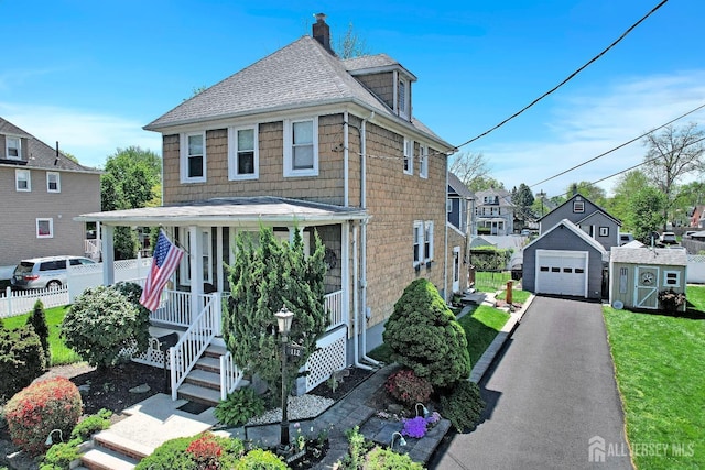 view of front of home featuring covered porch, driveway, roof with shingles, a garage, and an outdoor structure