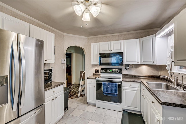 12 Church St, Sayreville, NJ 08872 - kitchen featuring freestanding refrigerator, electric range, black microwave, dark countertops, and crown molding