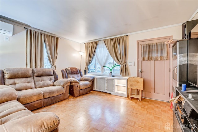 12 Church St, Sayreville, NJ 08872 - living area with radiator, a wall unit AC, and crown molding