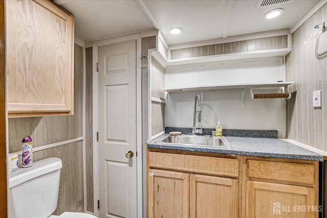 12 Church St, Sayreville, NJ 08872 - kitchen featuring open shelves, light brown cabinetry, and dark countertops