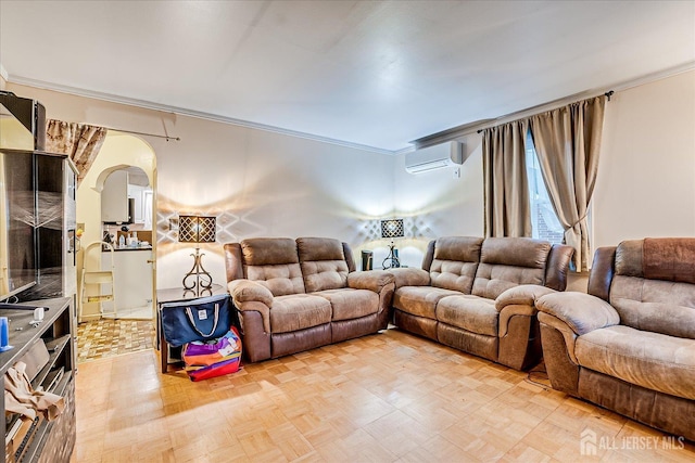 12 Church St, Sayreville, NJ 08872 - living area with a wall unit AC, ornamental molding, and arched walkways