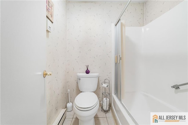 full bathroom featuring a baseboard radiator, toilet, shower / bath combination with glass door, and tile patterned flooring