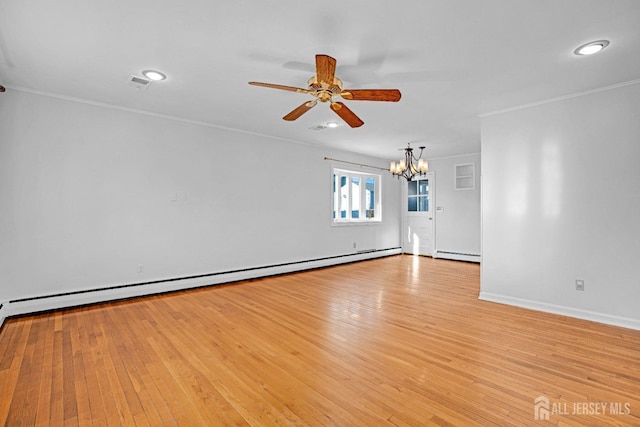 unfurnished room with baseboard heating, ornamental molding, light hardwood / wood-style floors, and ceiling fan with notable chandelier