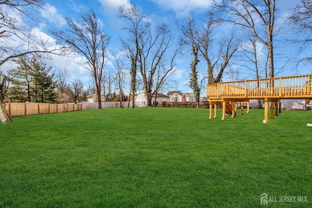 view of yard with a fenced backyard and a wooden deck