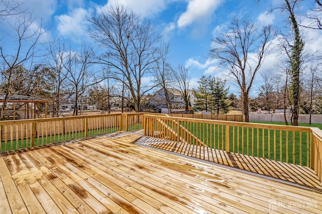 wooden deck featuring a fenced backyard and a lawn