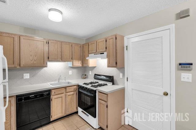 84 Prestwick Way, Edison, NJ 08820 - kitchen featuring white appliances, under cabinet range hood, a sink, light brown cabinets, and a textured ceiling