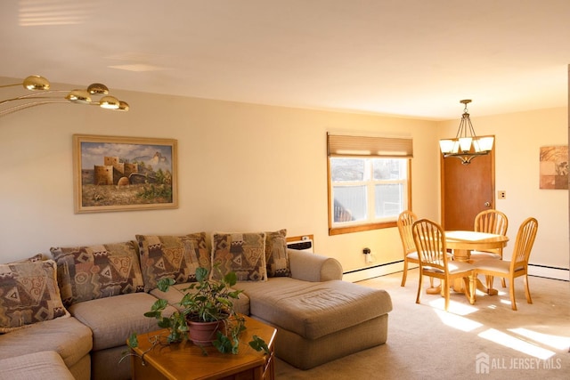 carpeted living area with a notable chandelier and a baseboard radiator