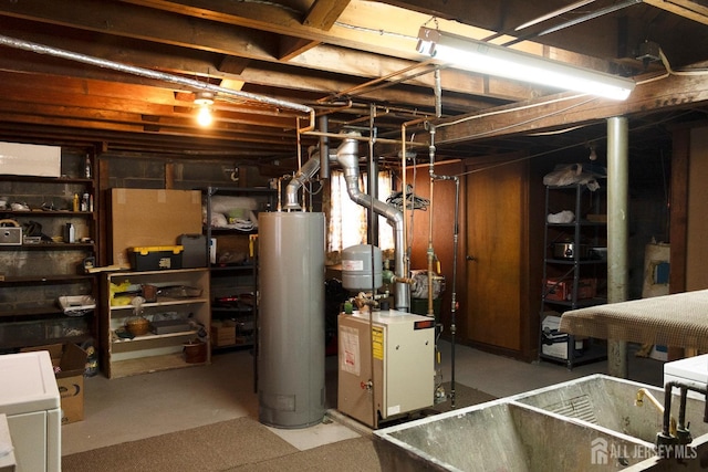 unfinished basement featuring gas water heater and a heating unit