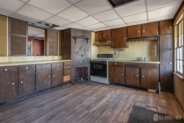 kitchen featuring a paneled ceiling, electric range, dark hardwood / wood-style flooring, dark brown cabinets, and sink