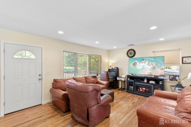 living room with a wealth of natural light and light hardwood / wood-style flooring