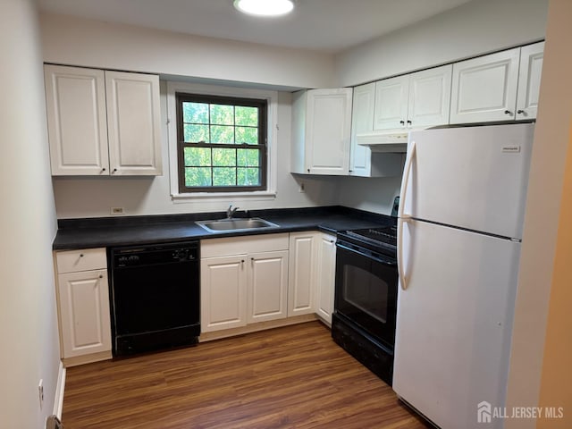 3013 Cromwell Ct, Hillsborough, NJ 08844 - kitchen featuring black appliances, a sink, under cabinet range hood, dark countertops, and white cabinetry