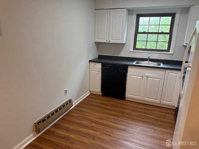 3013 Cromwell Ct, Hillsborough, NJ 08844 - kitchen featuring black dishwasher, a sink, a baseboard radiator, dark countertops, and dark wood-style floors