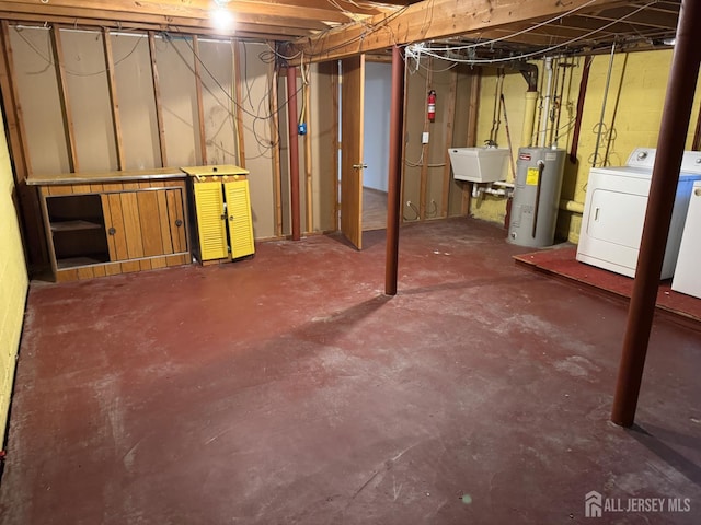 3013 Cromwell Ct, Hillsborough, NJ 08844 - unfinished basement with electric water heater, a sink, and separate washer and dryer