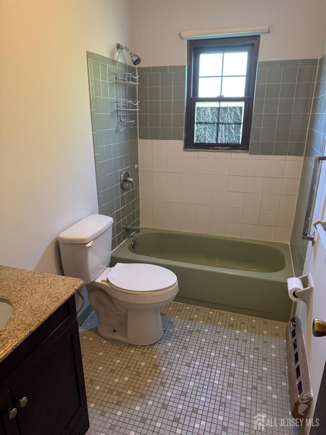 3013 Cromwell Ct, Hillsborough, NJ 08844 - bathroom featuring vanity, tile patterned floors, toilet, bathtub / shower combination, and radiator