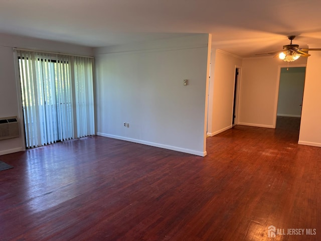 3013 Cromwell Ct, Hillsborough, NJ 08844 - spare room featuring dark wood-type flooring, a ceiling fan, baseboards, and an AC wall unit