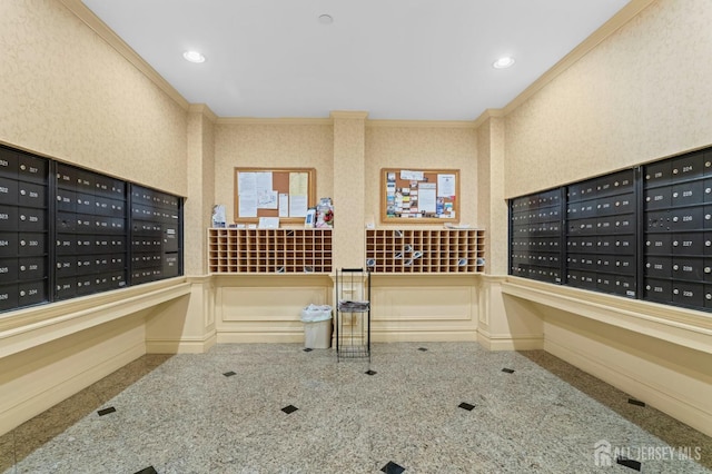 540 Cranbury Rd Unit 107, East Brunswick, NJ 08816 - view of community with a decorative wall, mail area, a wainscoted wall, crown molding, and recessed lighting