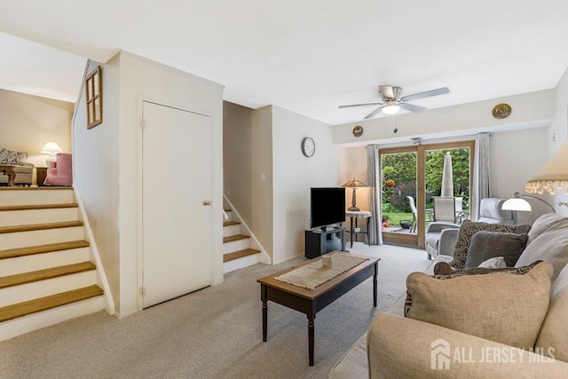 38 Foothills Dr, South River, NJ 08882 - carpeted living room with stairs and ceiling fan