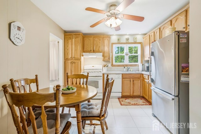 38 Foothills Dr, South River, NJ 08882 - kitchen with white appliances, under cabinet range hood, a sink, ceiling fan, and light countertops