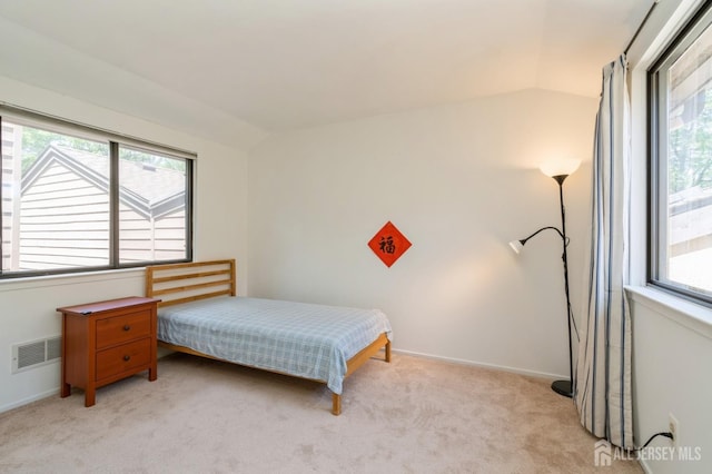 172 Sayre Dr, Plainsboro, NJ 08540 - bedroom with light colored carpet, vaulted ceiling, and baseboards