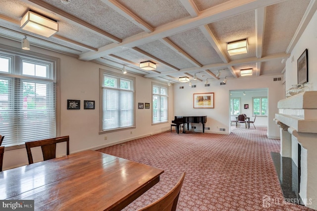 172 Sayre Dr, Plainsboro, NJ 08540 - dining space featuring healthy amount of natural light, a fireplace with flush hearth, coffered ceiling, beam ceiling, and baseboards