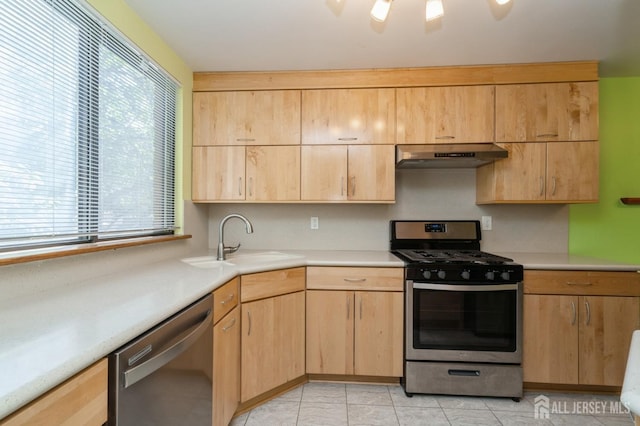 172 Sayre Dr, Plainsboro, NJ 08540 - kitchen featuring appliances with stainless steel finishes, under cabinet range hood, light brown cabinetry, and a sink