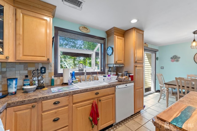 15 Creighton Cir, Old Bridge, NJ 08857 - kitchen with dishwasher, light tile patterned flooring, backsplash, light brown cabinetry, and recessed lighting