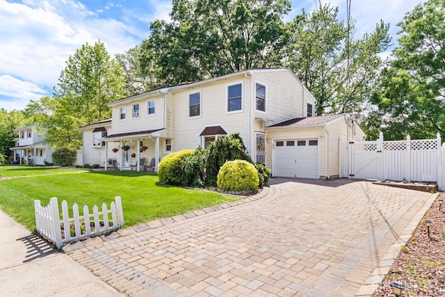 15 Creighton Cir, Old Bridge, NJ 08857 - view of front of home featuring decorative driveway, a gate, an attached garage, and covered porch
