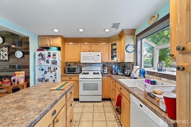 15 Creighton Cir, Old Bridge, NJ 08857 - kitchen with white appliances, tasteful backsplash, light tile patterned flooring, glass insert cabinets, and recessed lighting