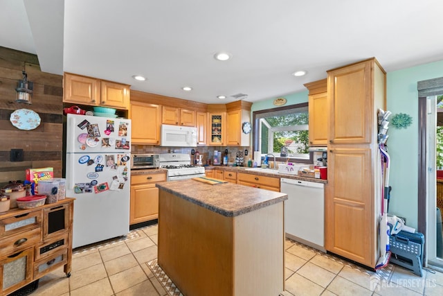 15 Creighton Cir, Old Bridge, NJ 08857 - kitchen featuring white appliances, light tile patterned flooring, light brown cabinetry, and recessed lighting