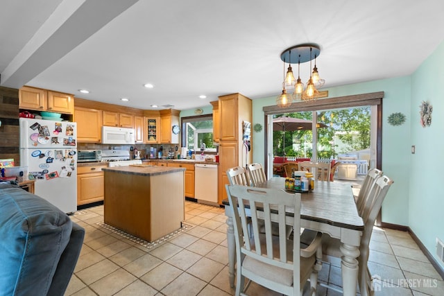 15 Creighton Cir, Old Bridge, NJ 08857 - kitchen with white appliances, light tile patterned floors, plenty of natural light, backsplash, and recessed lighting
