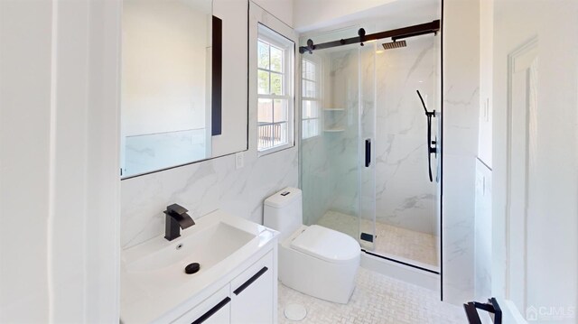 bathroom with walk in shower, tasteful backsplash, toilet, vanity, and tile walls