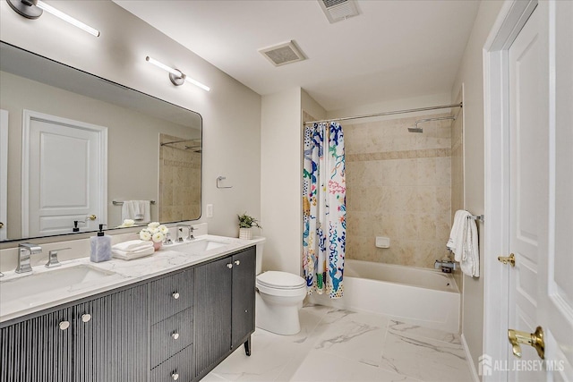 37 Equestrian Way, Monroe, NJ 08831 - bathroom featuring double vanity, toilet, shower / tub combo, baseboards, and marble finish floors