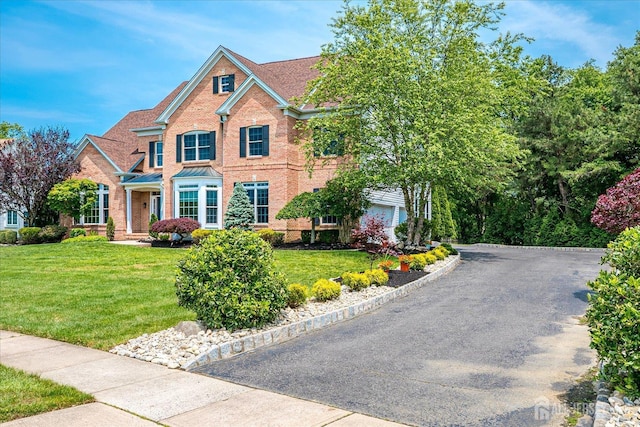 37 Equestrian Way, Monroe, NJ 08831 - view of front of house with brick siding, a front yard, a garage, and driveway