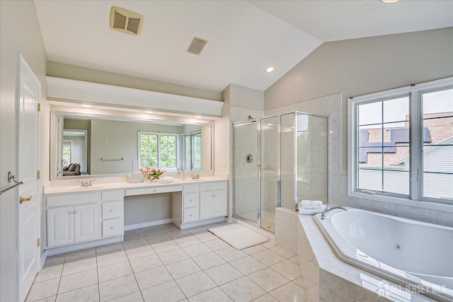 37 Equestrian Way, Monroe, NJ 08831 - full bath featuring double vanity, a shower stall, a whirlpool tub, tile patterned floors, and vaulted ceiling