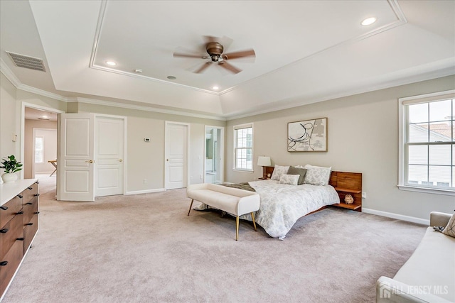 37 Equestrian Way, Monroe, NJ 08831 - bedroom with a raised ceiling, light carpet, ornamental molding, baseboards, and a ceiling fan