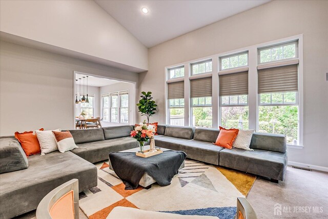 37 Equestrian Way, Monroe, NJ 08831 - living room featuring high vaulted ceiling, baseboards, and recessed lighting