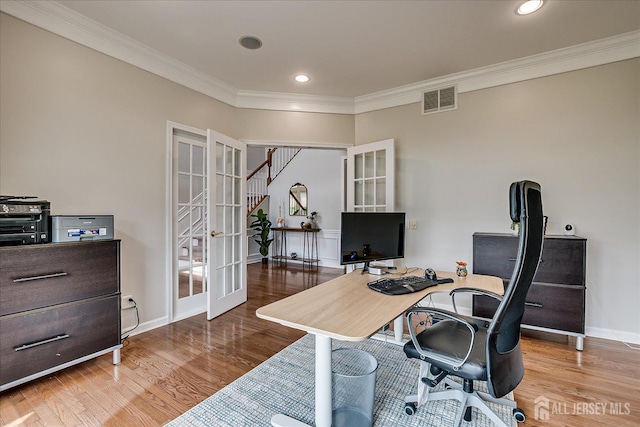 37 Equestrian Way, Monroe, NJ 08831 - home office featuring french doors, ornamental molding, wood finished floors, baseboards, and recessed lighting