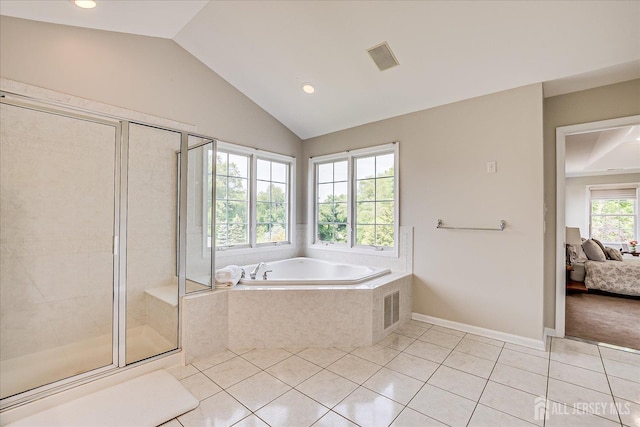 37 Equestrian Way, Monroe, NJ 08831 - ensuite bathroom featuring a garden tub, tile patterned flooring, lofted ceiling, a shower stall, and recessed lighting