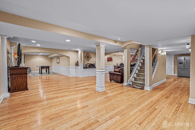 9 Narrow Brook Ct, Plainsboro, NJ 08536 - living area featuring ornate columns, wood finished floors, stairs, recessed lighting, and baseboards