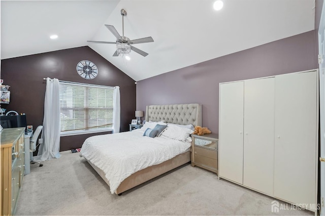 82 Heather Ct, South Brunswick, NJ 08852 - bedroom featuring light colored carpet, vaulted ceiling, ceiling fan, a closet, and recessed lighting