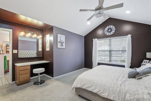 82 Heather Ct, South Brunswick, NJ 08852 - bedroom with light colored carpet, lofted ceiling, an office area, ceiling fan, and baseboards