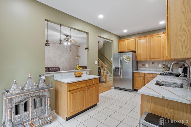 1905 Dahlia Cir S, Brunswick, NJ 08810 - kitchen featuring stainless steel refrigerator with ice dispenser, light tile patterned flooring, decorative backsplash, ceiling fan, and recessed lighting