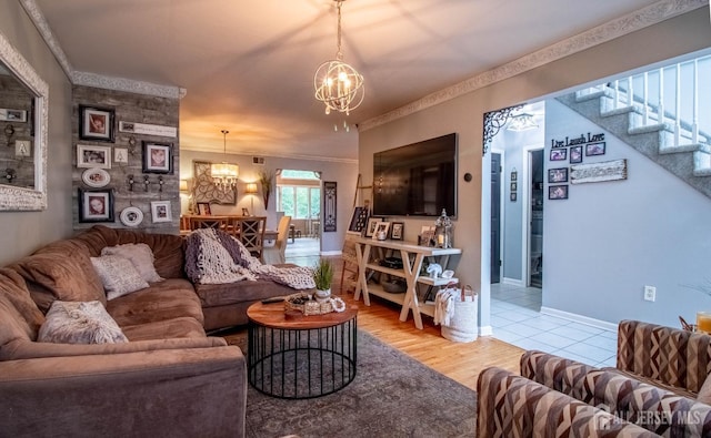 20 N Shore Blvd Unit B, Helmetta, NJ 08828 - living room featuring a chandelier, light wood-style floors, crown molding, and stairway