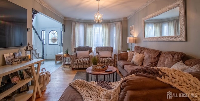 20 N Shore Blvd Unit B, Helmetta, NJ 08828 - living room with stairs, wood finished floors, and a chandelier