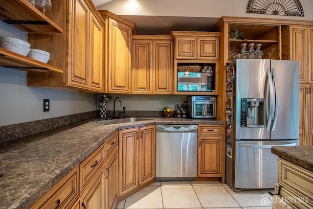 20 N Shore Blvd Unit B, Helmetta, NJ 08828 - kitchen with appliances with stainless steel finishes, open shelves, dark countertops, light tile patterned floors, and brown cabinetry
